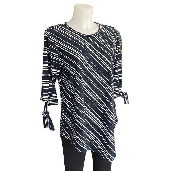 Tura by Vince Camuto Striped Assymmetrical Tunic Top 3/4 sleeves tie cuffs sz M‎ - Picture 1 of 6